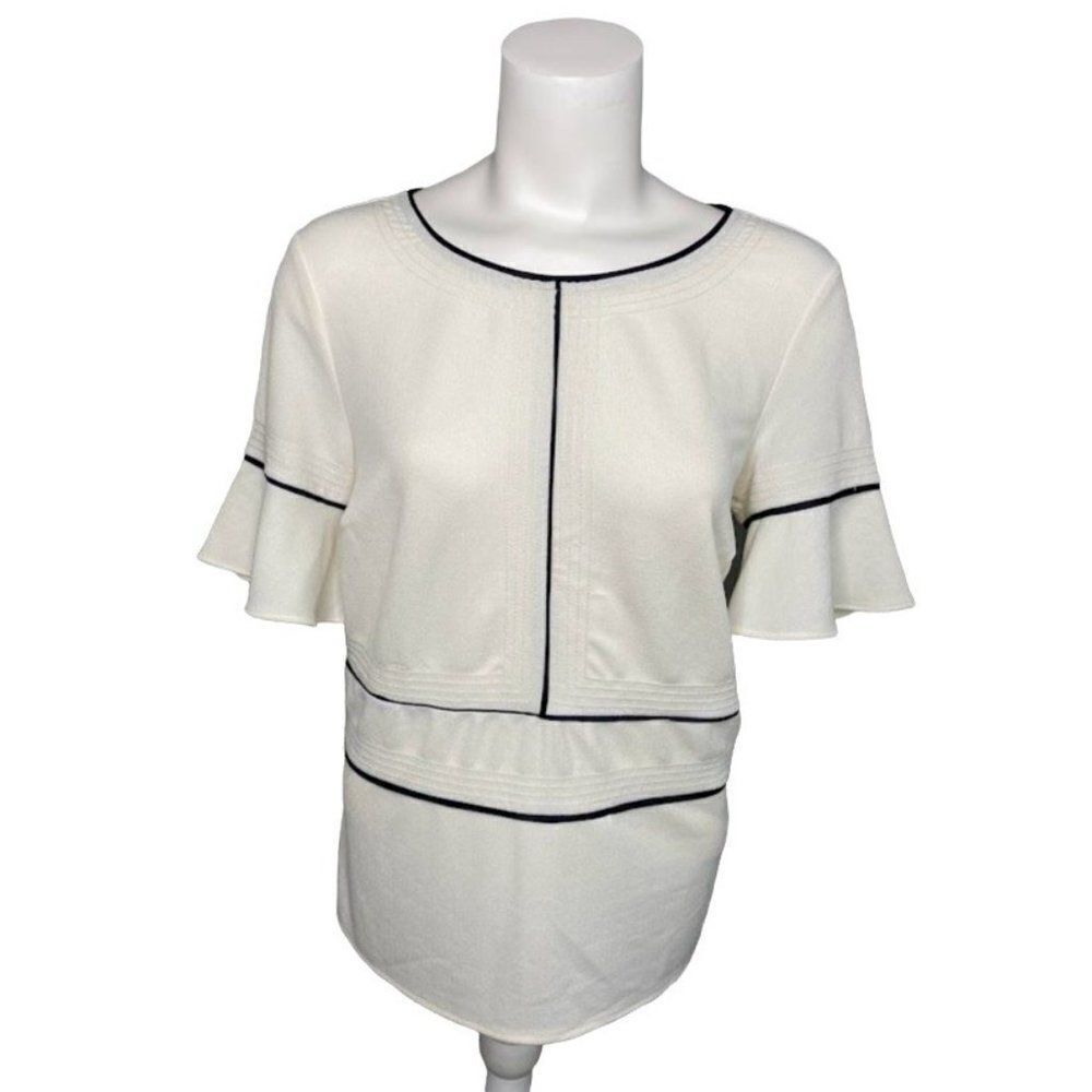 Banana‎ Republic Cream Navy Blue Trim Flutter Sleeve Blouse Top Sz Small